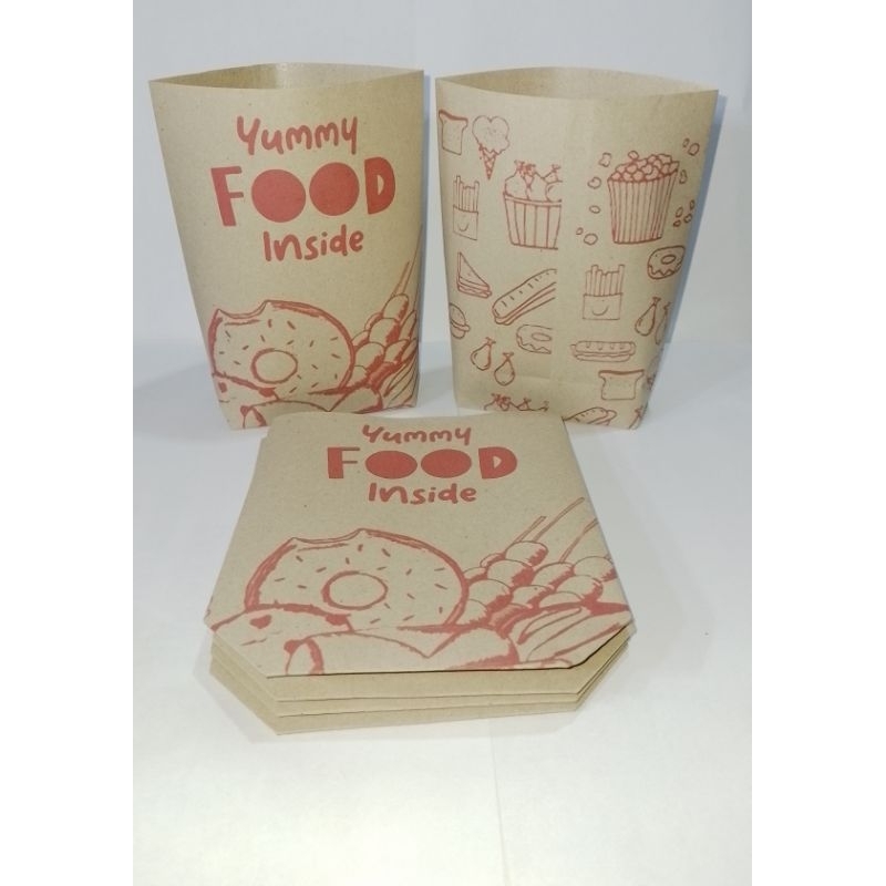 

KANTONG KERTAS PAPPERBAG MAKANAN LAMINASI TAHAN MINYAK GORENGAN, CIRENG, SEMPOL, DLL UKURAN KECIL