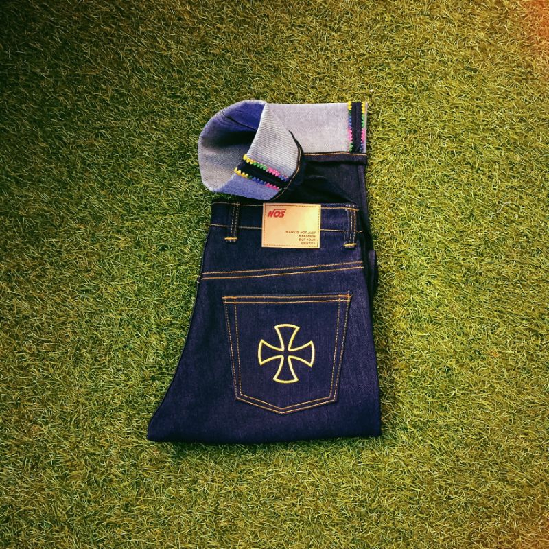 RAW DENIM SELVEDGE SHELL STITCH RAINBOW BLUE 14 OZ