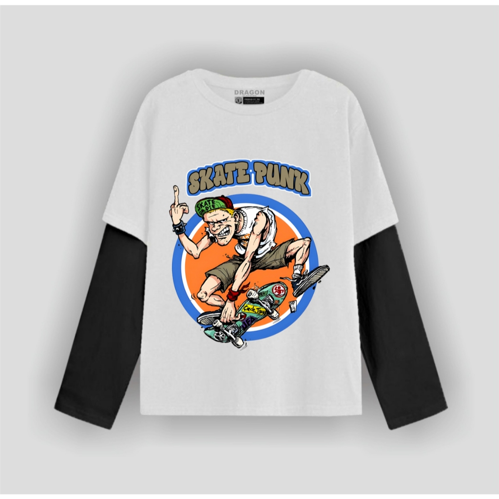 Dragon Clothing Kaos double layer pria Skate Punk T-shirt Lengan Panjang Unisex