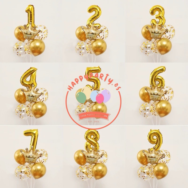 Miawmiaw_Id Paket Standing Balon Angka Ulang Tahun Isian Confetti Mahkota Gold / Rosegold