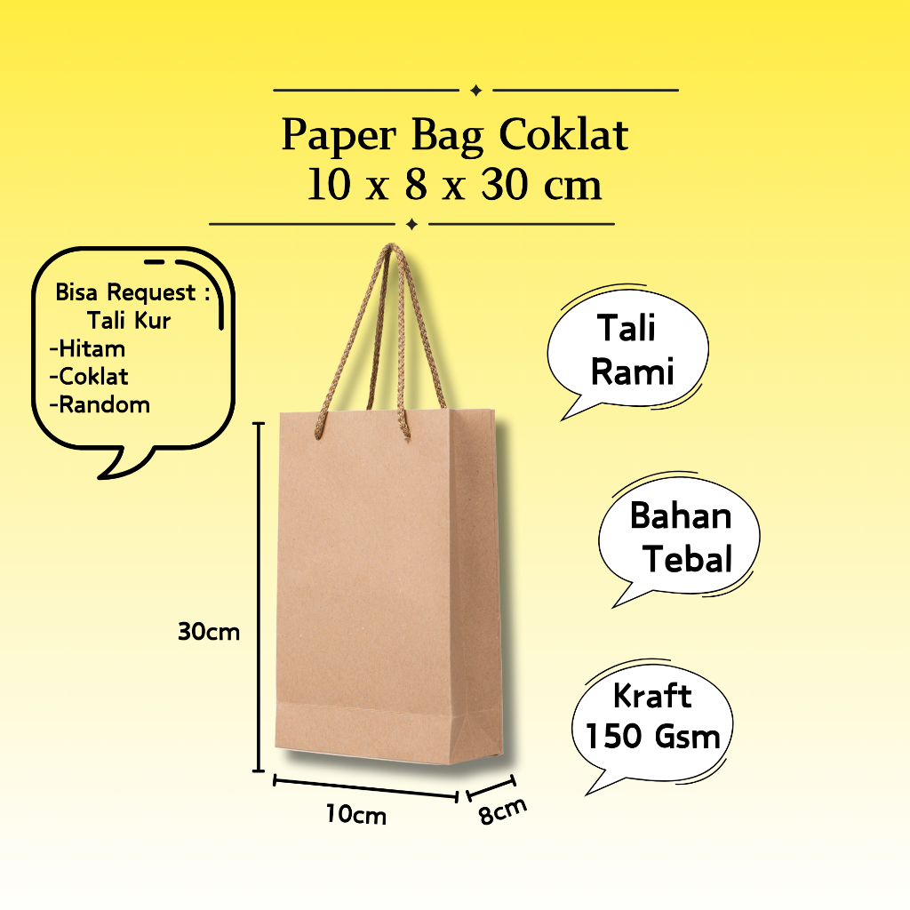 

10 x 8 x 30 cm - Paper Bag Kertas Coklat Polos Kraft Tebal / Tas Kado Souvenir Pernikahan Wedding