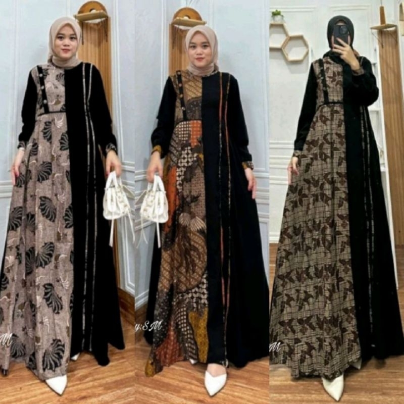 Gamis Batik Wanita Modern Katun Kombinasi Wolfis Tali Samping List Gamis Batik Kombinasi Polos Motif