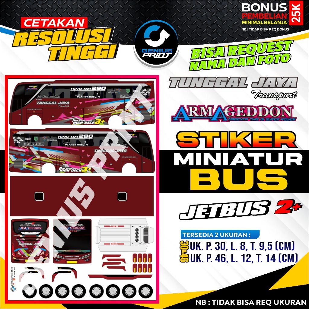Stiker Mainan Miniatur Bus Jetbus 2+ Livery Tunggal Jaya Transport #1 Uk. 30/46cm