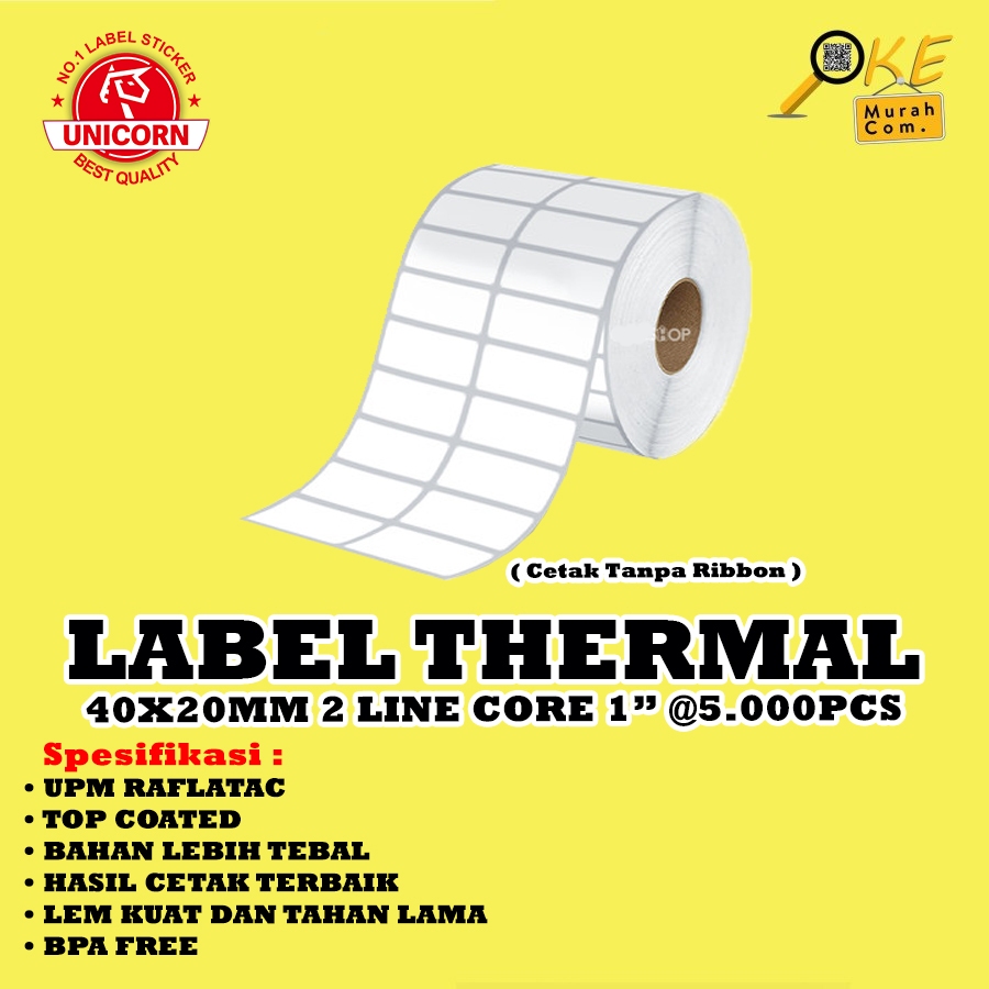 

Stiker label Barcode Thermal 40x20mm / 40x20 mm / 40 x 20 mm 2 Line Core 1" 5.000pcs