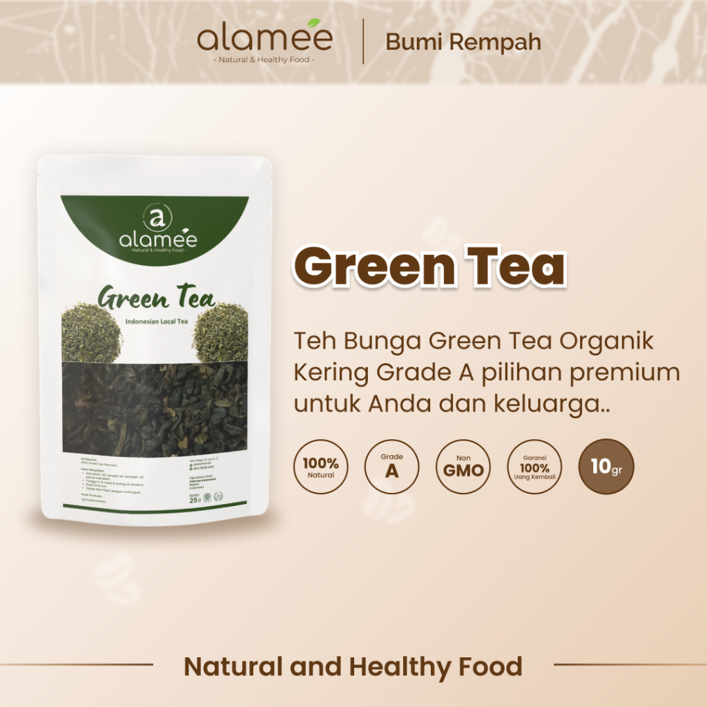 

ALAMEE Teh Hijau Green Tea Organic Kering Organik Greentea Minuman Herbal Siap Seduh Minum 10gr