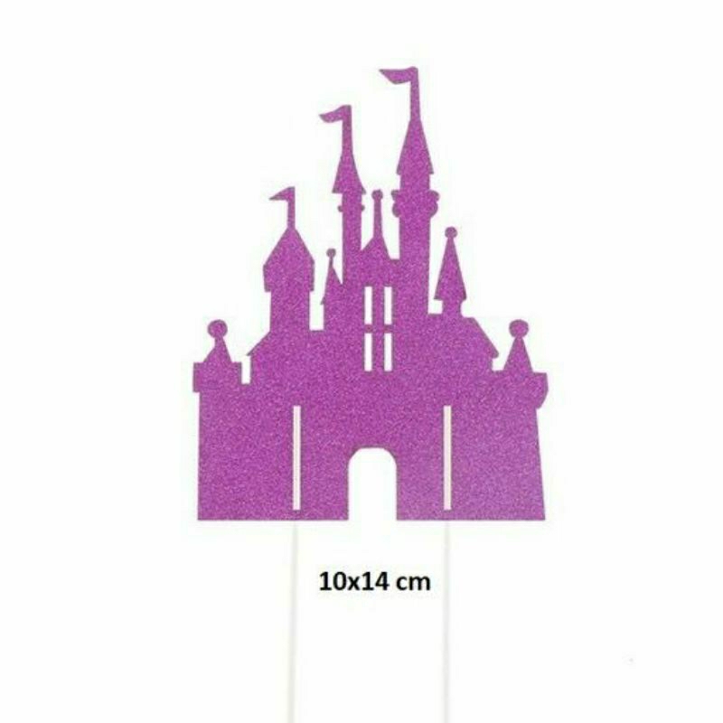 Cake topper istana gliter warna pink bahan kertas toper castle glitter merah muda tart hiasan dekora