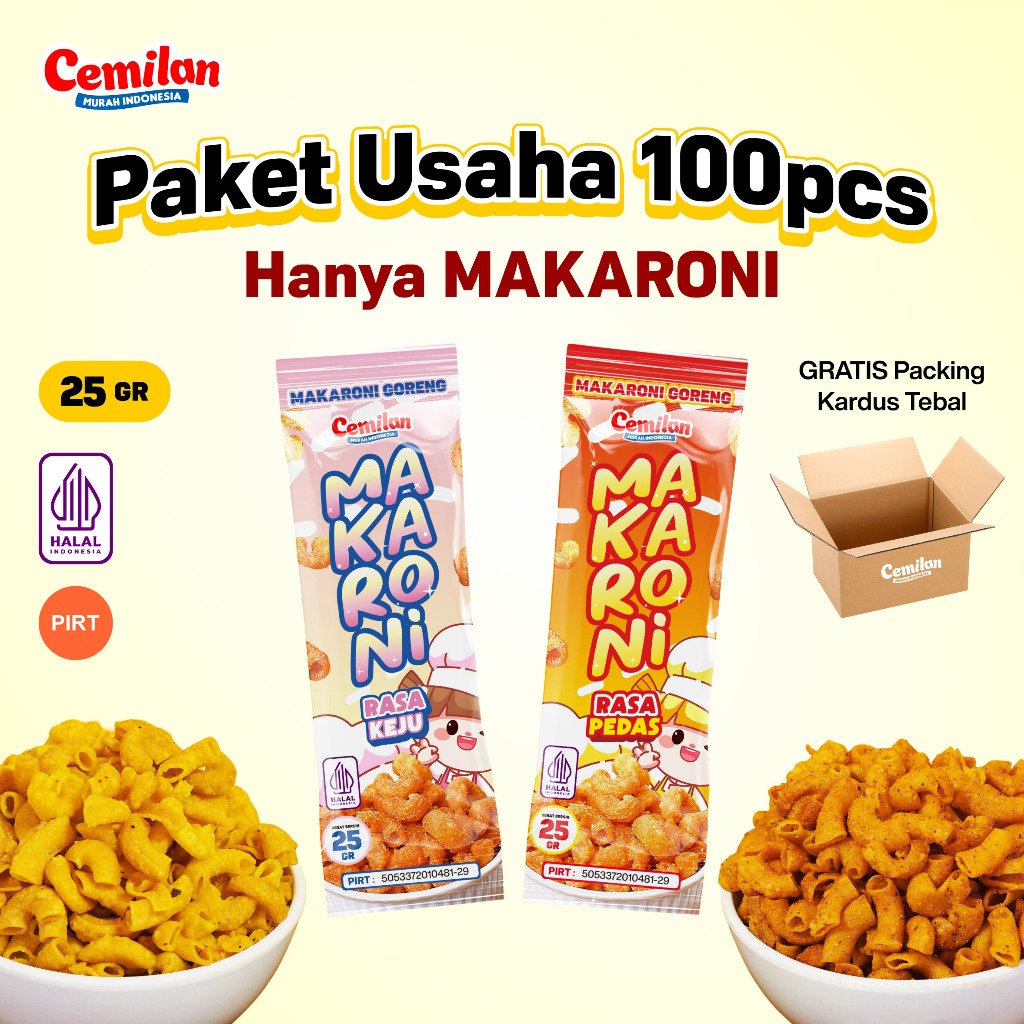 

Paket Usaha 100 pcs Cemilan Makaroni Keju dan Pedas - Cemilan Murah Indonesia