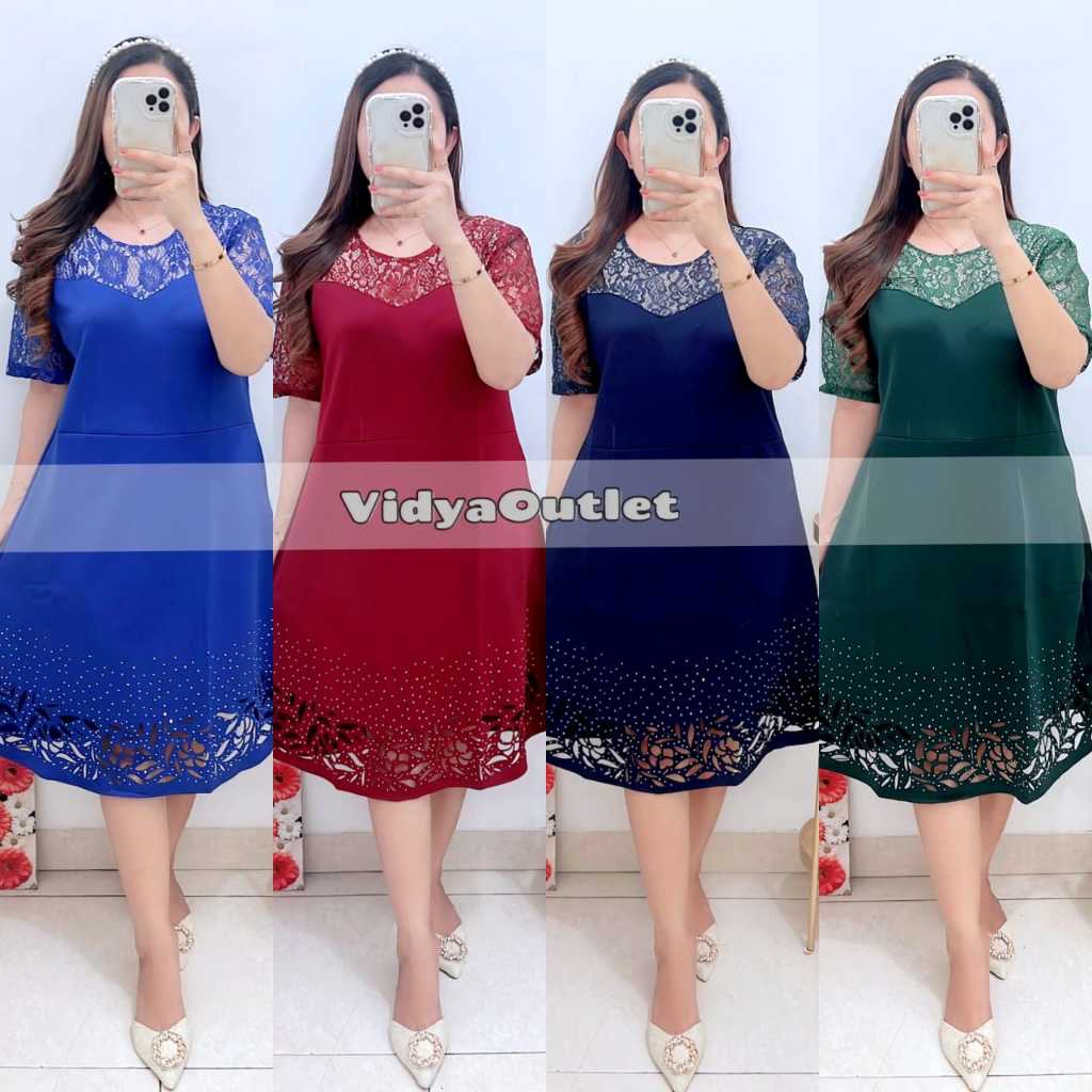 Dress Scuba 669 - Dres Natal Imlek - Pakaian Pesta Jumbo - Bahan Scuba Premium Kombi Brukat
