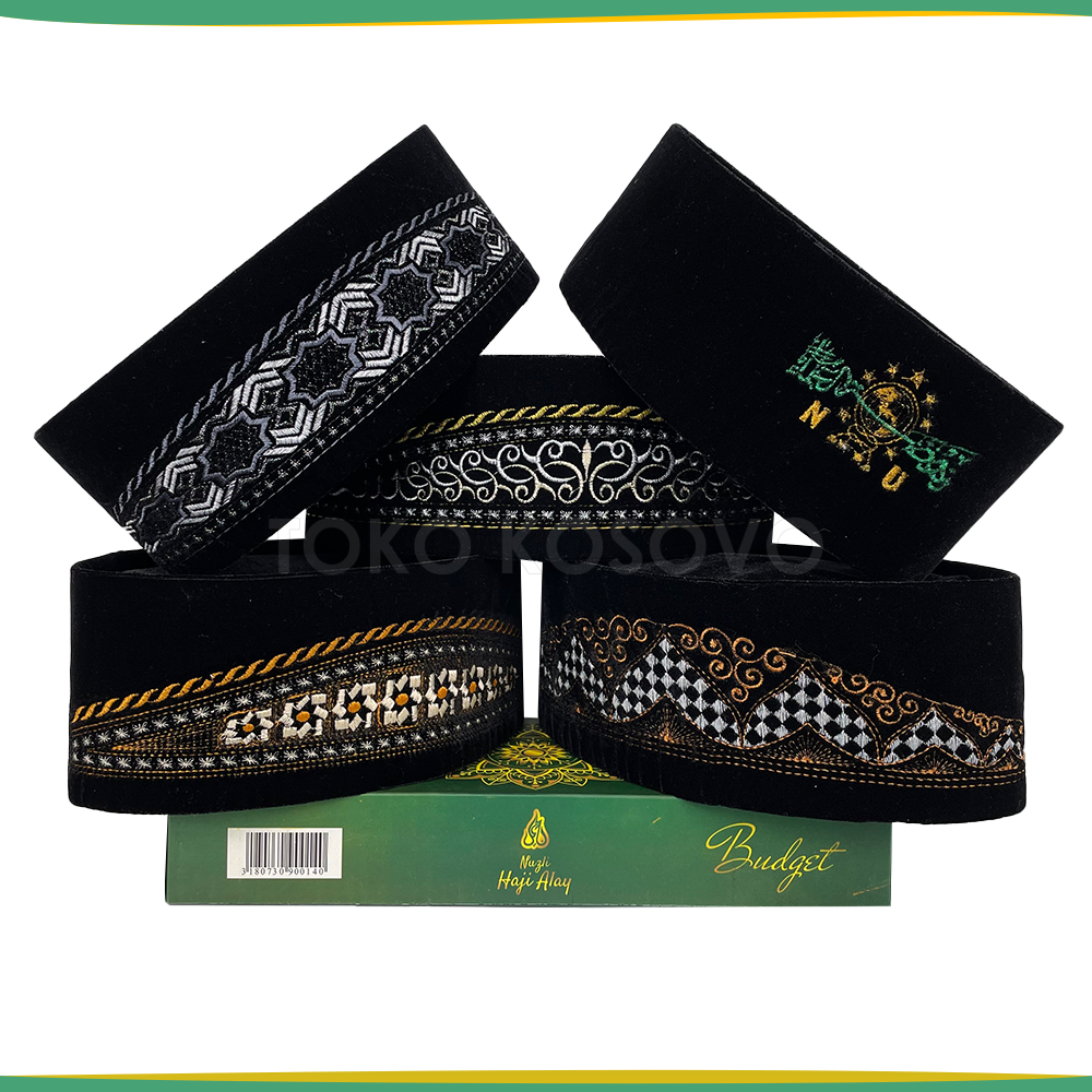 Kopiah HAJI ALAY BORDIR Standard AC Tinggi 9 Cm Peci Sholat Hitam Motif Batik, Palestina, NU Hijau S