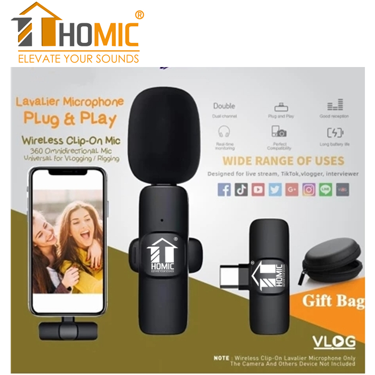 Homic Mikrofon  Mic Portabel Audio Video pembuatan Rekaman Wireless Microphone HP Klip Untuk IPhone 