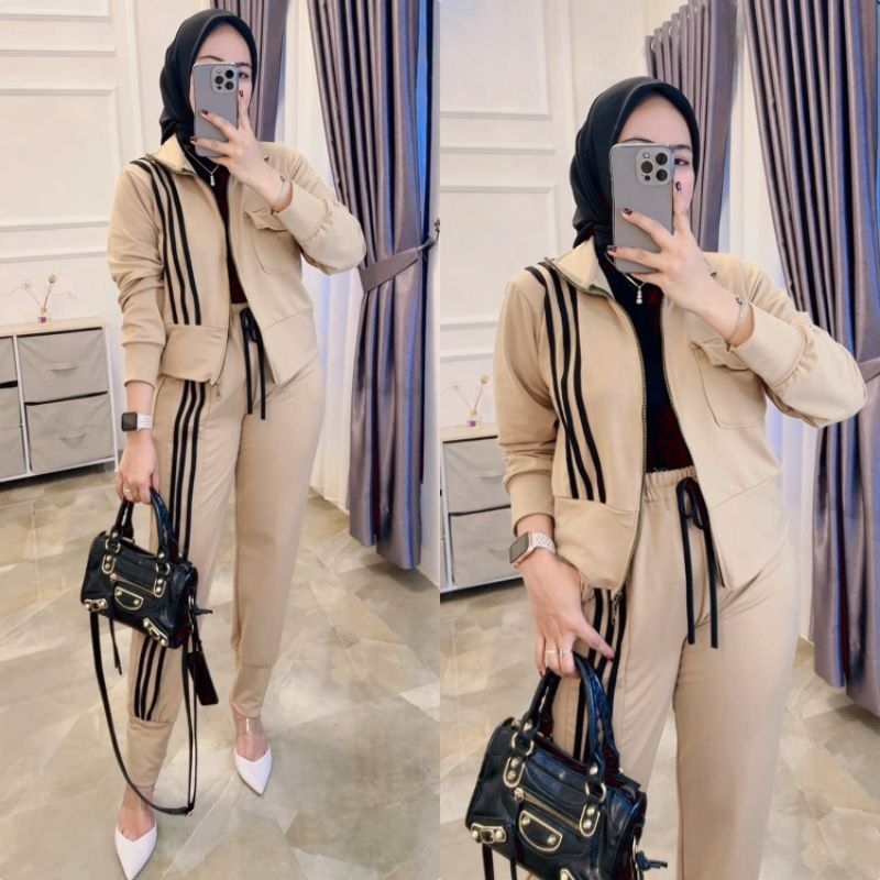 Nike sport set warna abu abu mocca hitam setelan celana panjang olahraga wanita bahan Babyterry impo