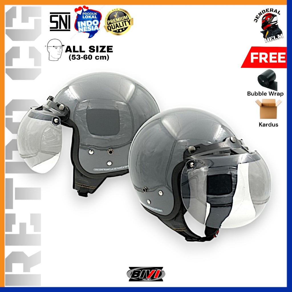 Helm Bogo Retro CFM Warna Gorila Grey Glossy + Kaca BIVI Bogo Retro Jenderal Helm