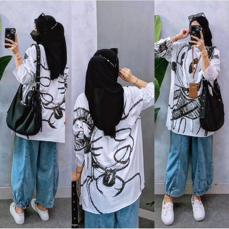 Mickey black top warna putih atasan blouse wanita muslim bahan kaos import oversize ukuran big size 