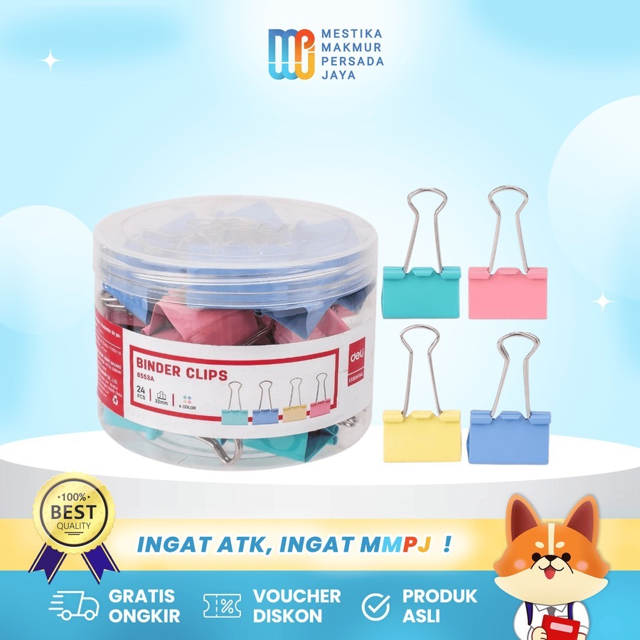 

Deli Klip Kertas 51 mm Warna Warni Isi 24 Pcs / Klip Penjepit Kertas Binder Buku Catatan