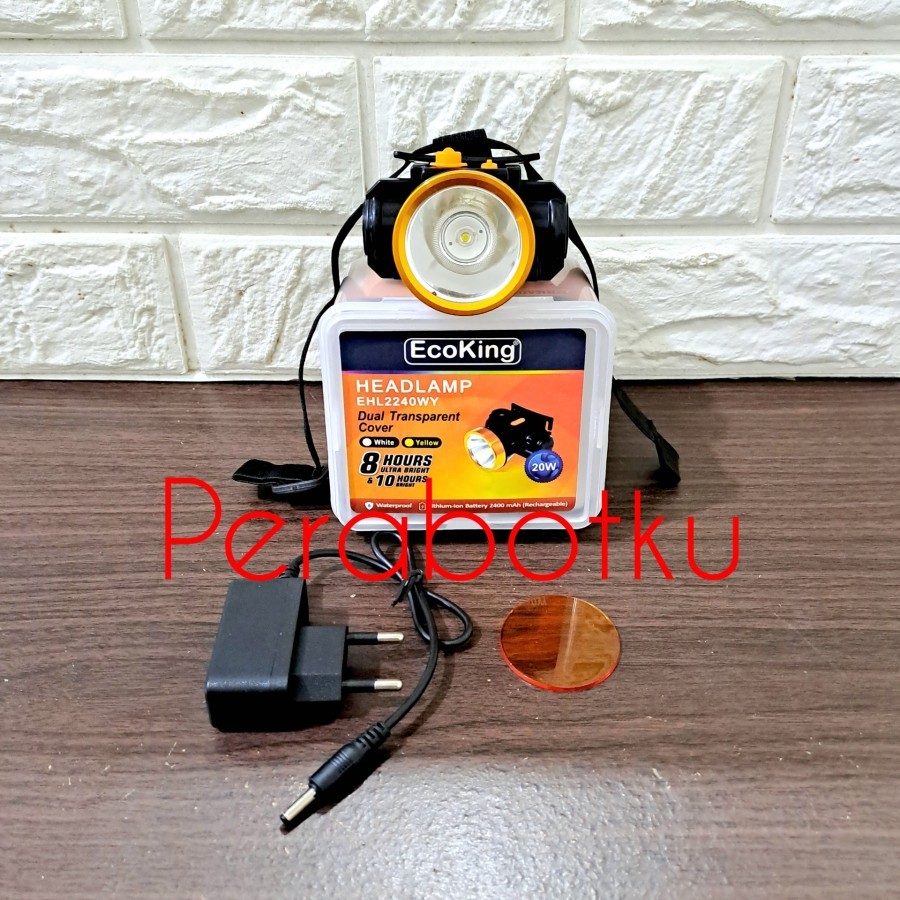 Emergency Lampu Senter Kepala LED 20 Watt 2400mAh Warna Putih + Kuning ECOKING 2240 / Senter Ikat Ke
