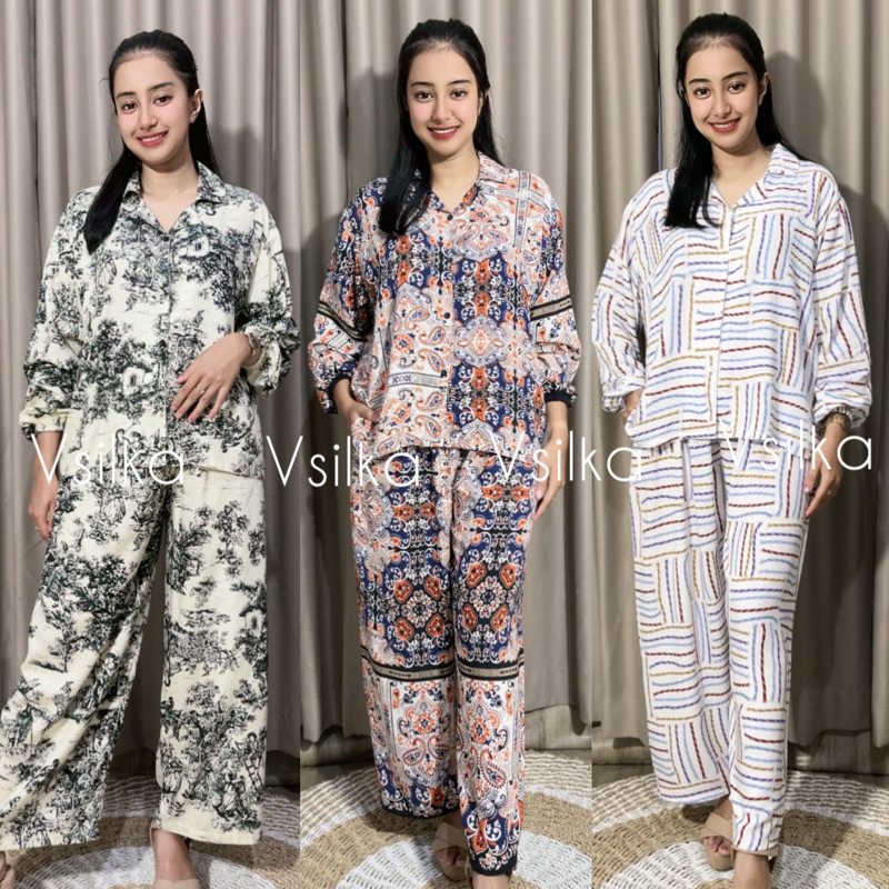 One Set Kemeja Panjang Rayon / Setcel Wanita Kekinian