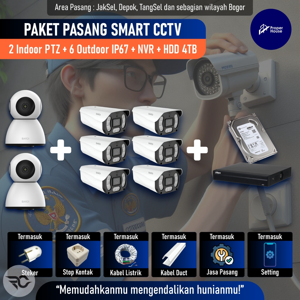 Paket Pasang Smart CCTV Bardi (2 Indoor PTZ + 6 Outdoor Static IP67 + NVR + HDD 4TB)