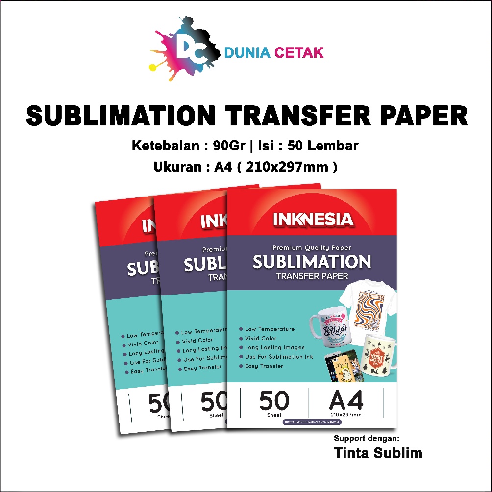 

KODE TIJJD Kertas Sublim Inknesia Sublimation Transfer Paper A4 isi 5 Lembar