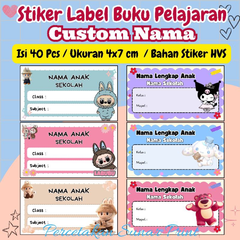 

Custom Nama / LABUBU / KUROMI DAN KAWAN2 - SANRIO -STIKER LABEL BUKU PELAJARAN CUSTOM NAMA DAN SEKOLAH