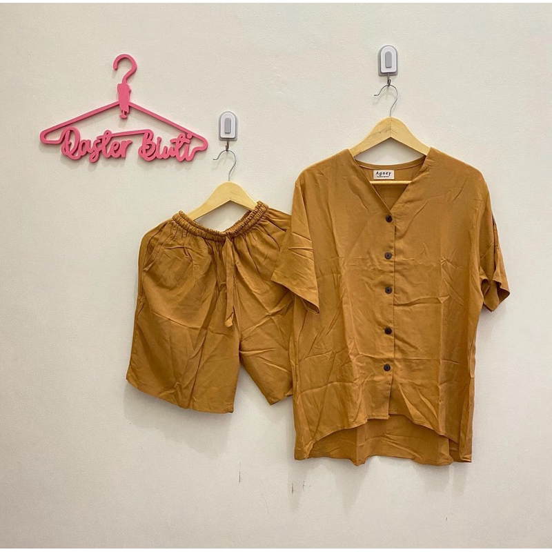 ONESET katun rayon, setelan lengan pendak celana pendek