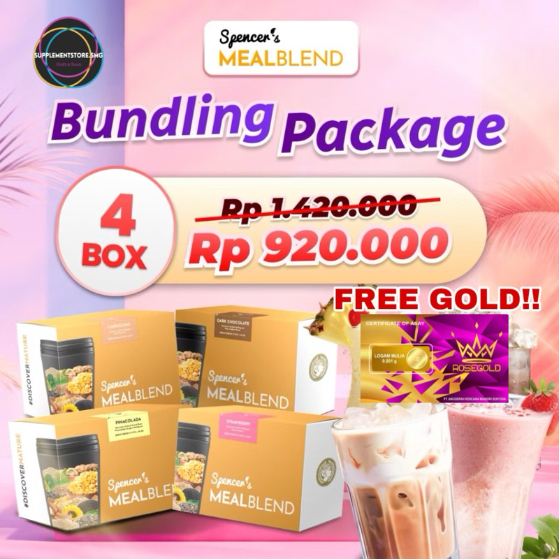 

(FREE GOLD+SHAKER!) PROMO BUNDLING 4 Box 60 Sachet SPENCERS MealBlend Spencer's Meal Blend Replacement Diet Sehat Lezat Multigrain SUPERFOOD Pea Isolate Protein Chia Seed Quinoa Almond VEGAN Lactose Gluten Free BPOM HALAL