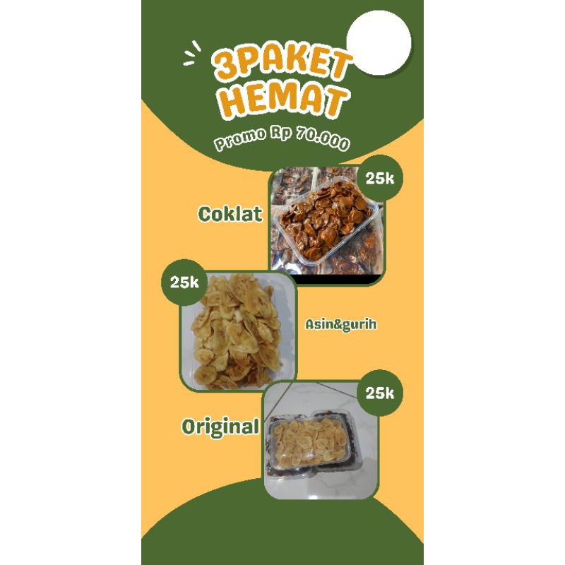 

3 paket hemat kripik pisang original,coklat & asinguirh