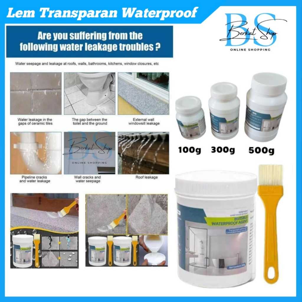 

Lem Transparan Waterproof / Lem Tembok Waterproof + Kuas 100g, 300g, & 500g Anti Bocor Super Kuat Serbaguna