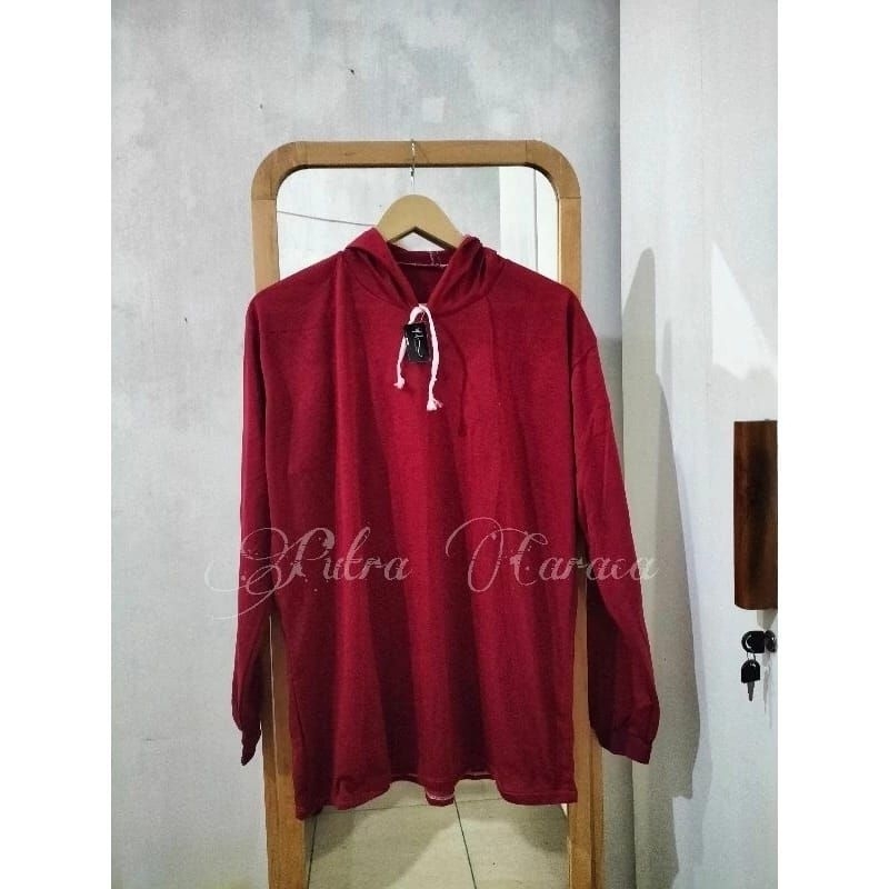 Baju kaos tani Hoodie atasan merah maroon polos pria oversize lengan panjang kuplok Hoodie pria
