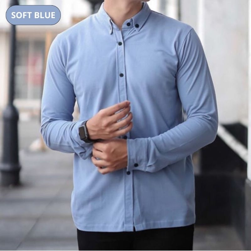 Kemeja Polos Katun Pria biru muda Lengan Panjang/Pendek Soft Blue Jumbo Slimfit Premium Baju Distro 