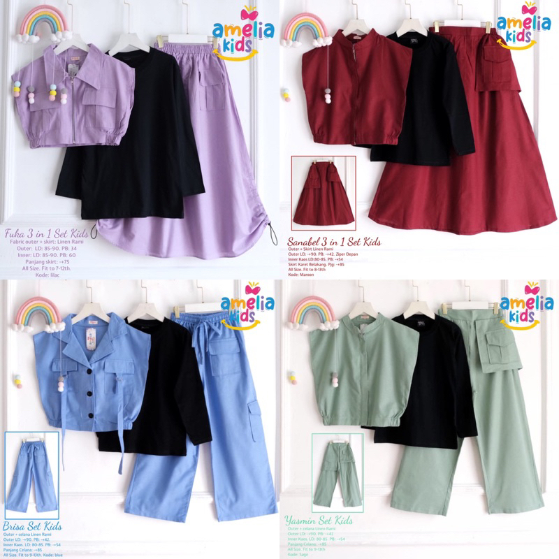 Alfihijabstore Setelan Rok Celana Cargo 3in1 FUKA BRISA SANABEL YASMIN By AMELIA KIDS usia 8-13th ||