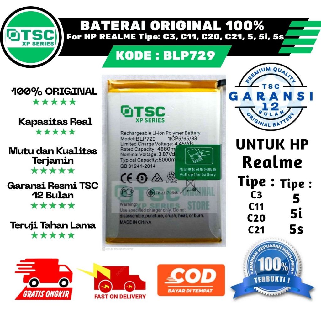 TSC-BATERAI ORIGINAL 100% BLP729, BATRE BATERAI BATTERY REALME C3, Realme 5, realme 5i, Realme5s