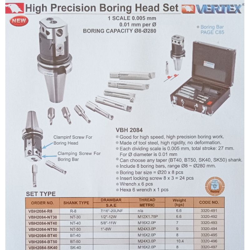 Vertex boring head set vbh-2084 bt40