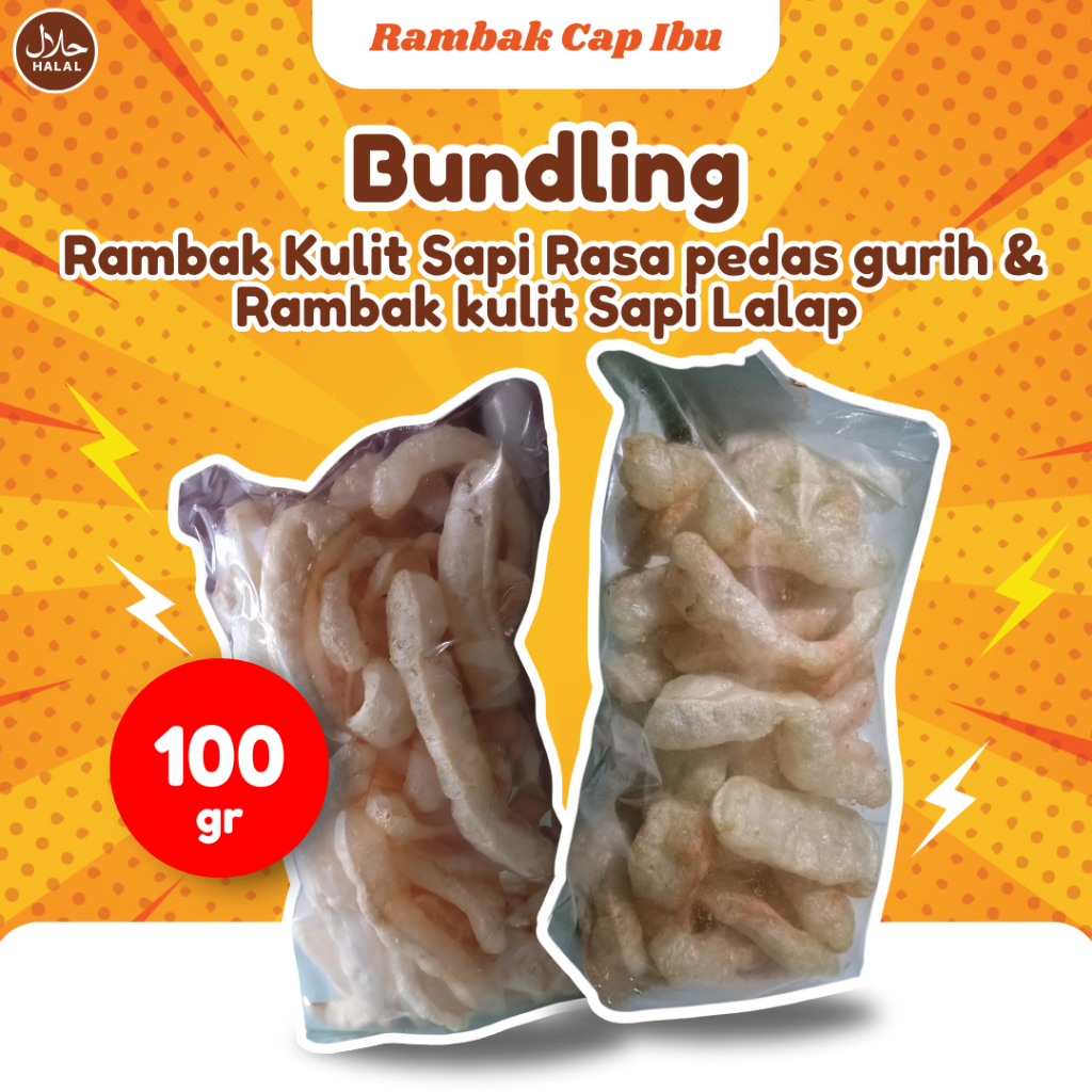 

Paket Bundling Kerupuk Kulit Sapi Pedas Gurih dan Rambak Lalap 100g Cap Ibu Camilan Pelengkap Nasi