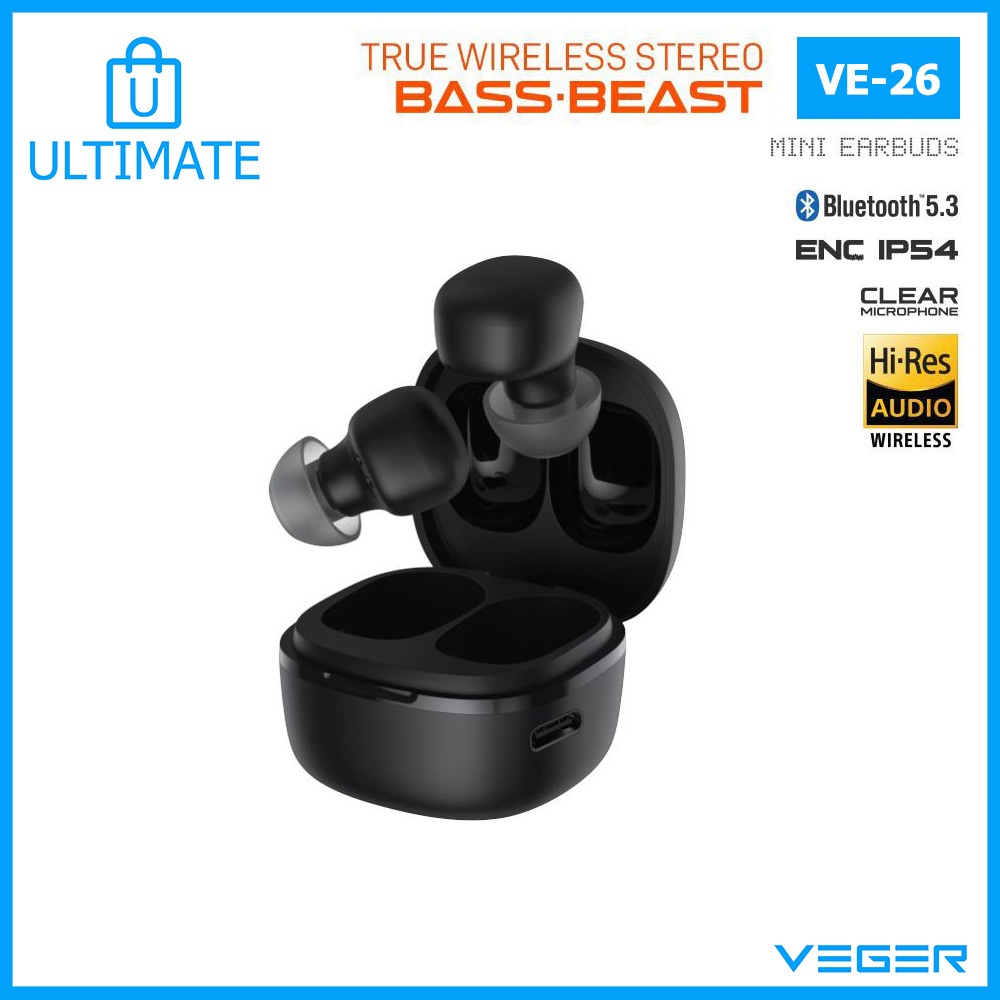 VEGER VE26 Earphone TWS True Wireless Stereo Bluetooth 5.3 Mini Earbuds Headset Bass Beast