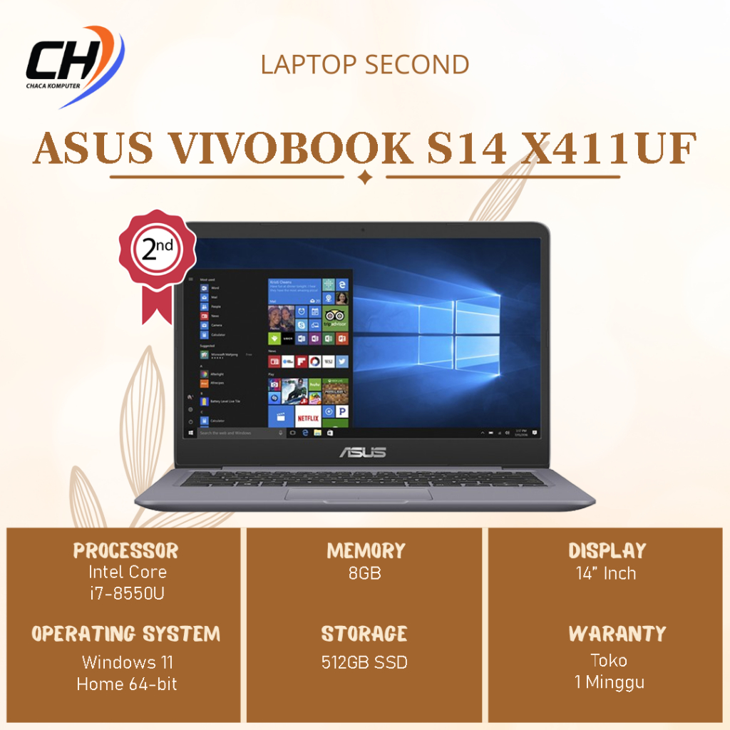 Laptop Asus Vivobook S14 X411UF Second - RAM 8GB SSD 512GB with Camera Eksternal