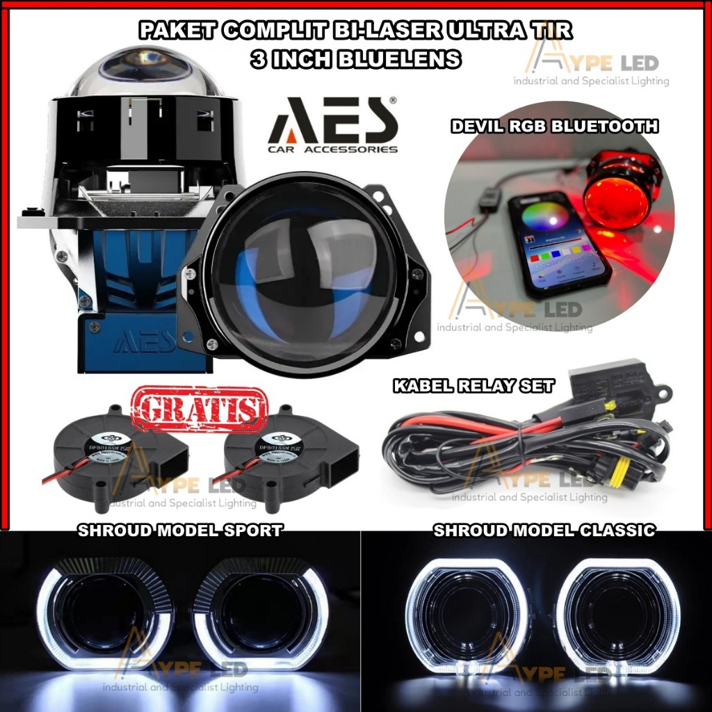 Bi-Laser Projector AES Turbo Biled 3 inch Ultracooler Tir Technology 75 WATT Paket Complit Bi-Laser 