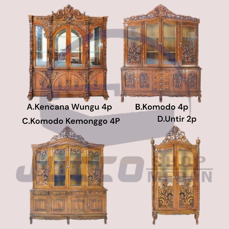 [ Jucco ] Lemari Hias Kencana Kayu Jati 2p - Lemari Pajangan 4pintu Kayu Ukir - Lemari Kristal Antik