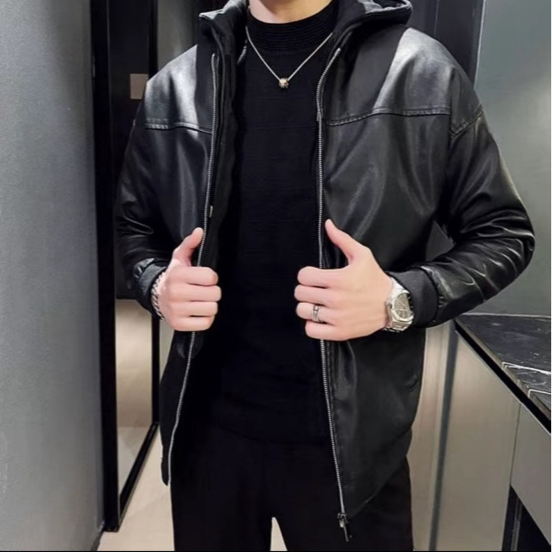 Jaket Jeans Semi Kulit Sintetis Liter Viena Kombinasi Kupluk Katun Bomber hoodie Pria