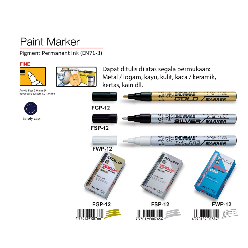 

Spidol Snowman Marker Fine Tip FWP FGP FSP-12 Gold Silver White (Per Lusin)
