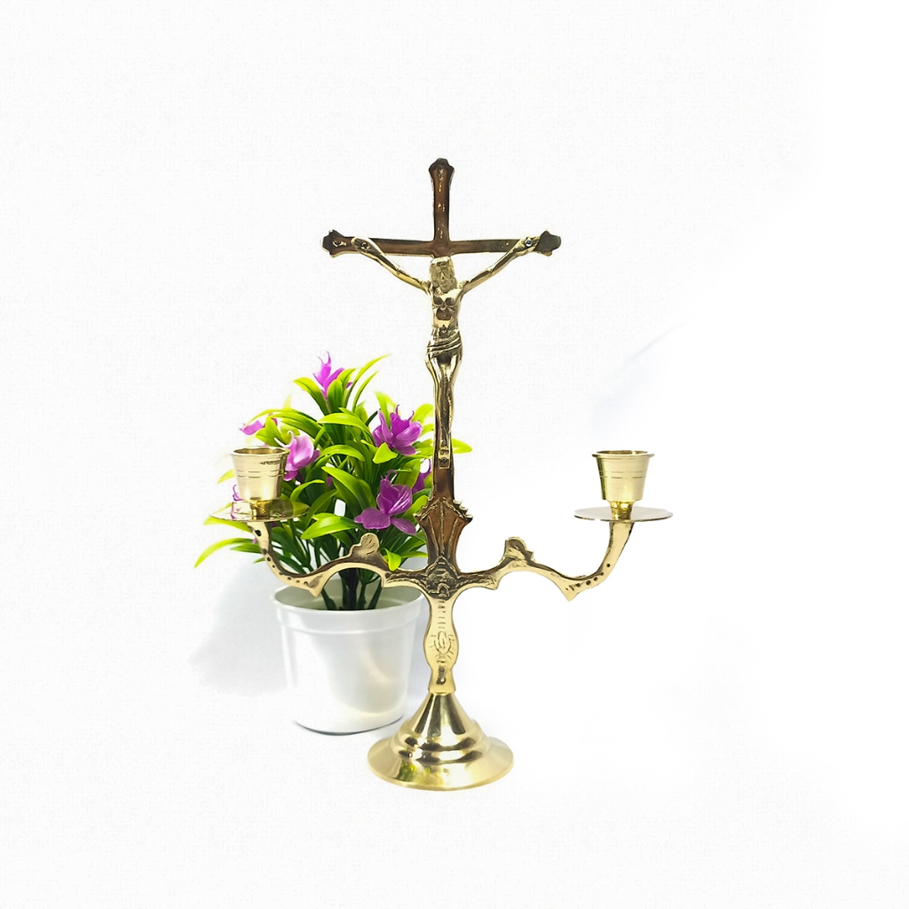 Salib Kandelar 26 cm Bahan Besi Kuningan / Salib Besi Kuningan / Salib Duduk Katholik / Salib Antik