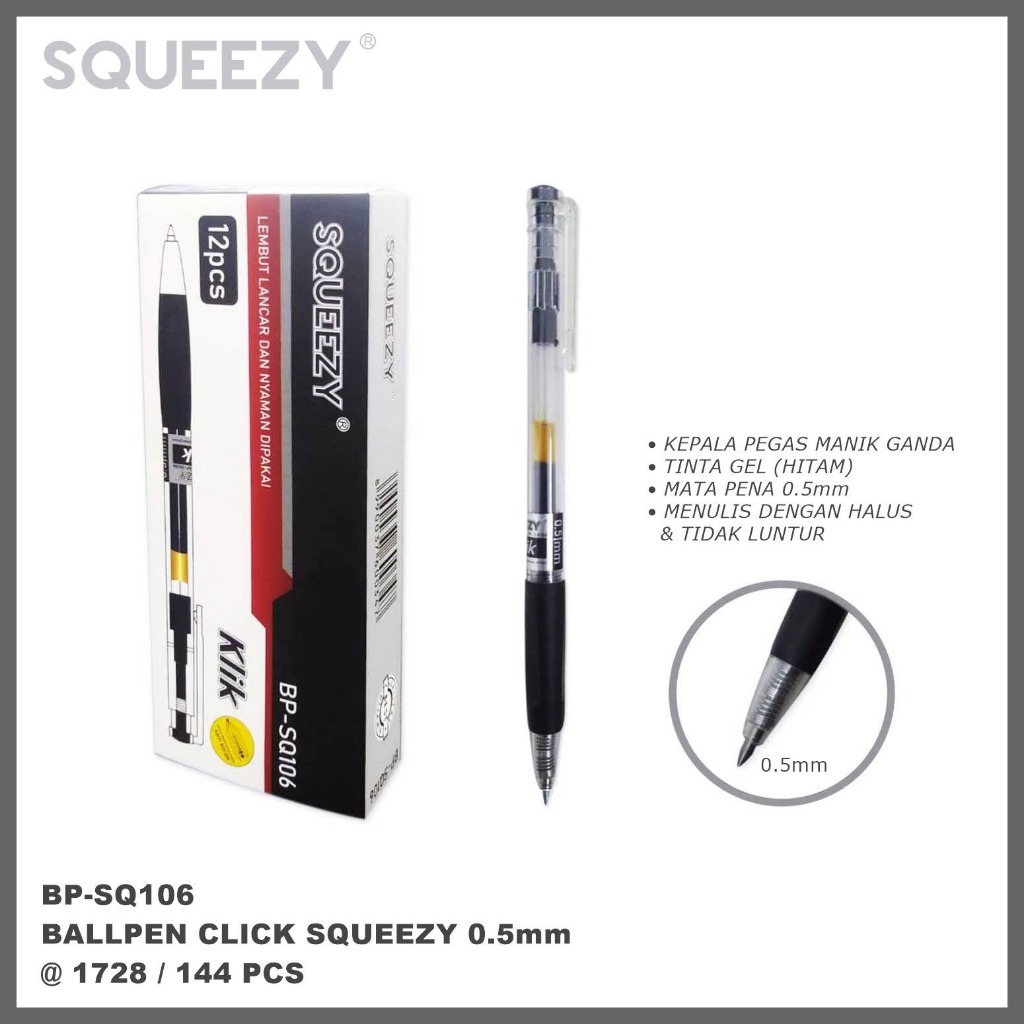 

Gel Pen Pulpen Gel Pena Cetek Squeezy BP-SQ106 Klik Pen 0.5 mm Hitam isi 12 pcs/ box