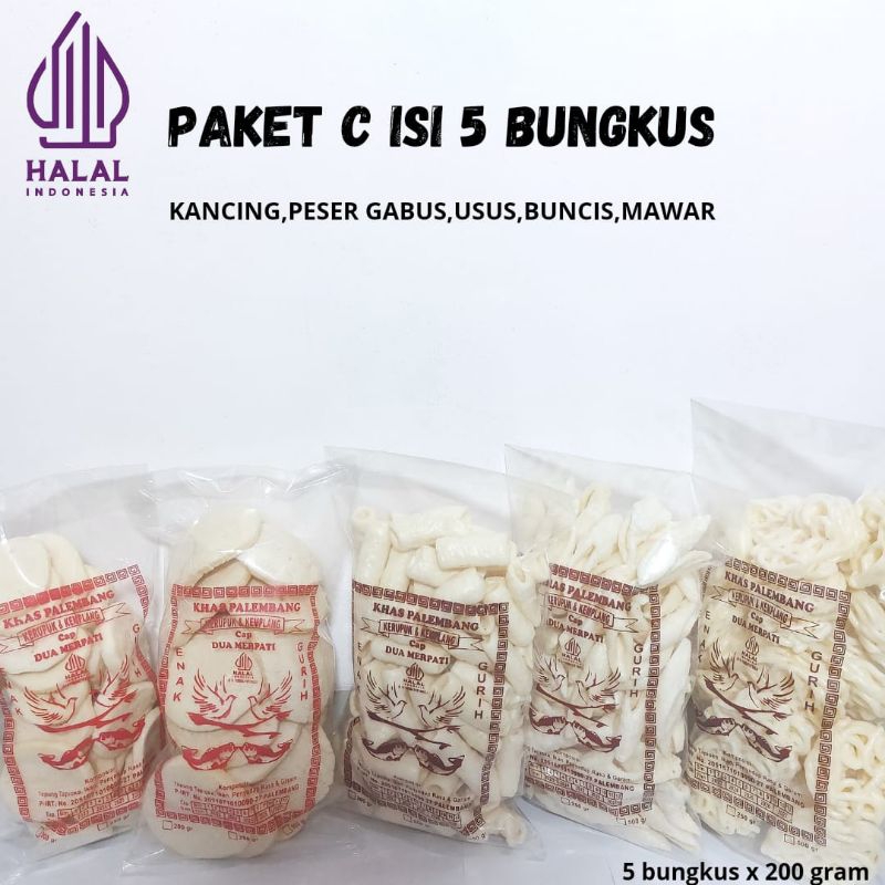 

PAKET C ISI 5 BUNGKUS [PESER GABUS,KANCING,USUS,BUNCIS, MAWAR] 1 KG PALEMBANG