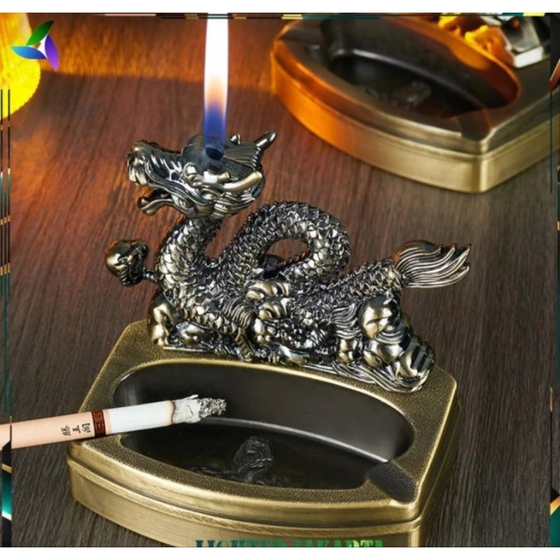 Asbak Plus korek Api gas isi ulang Model naga dragon free gas tinggal pake