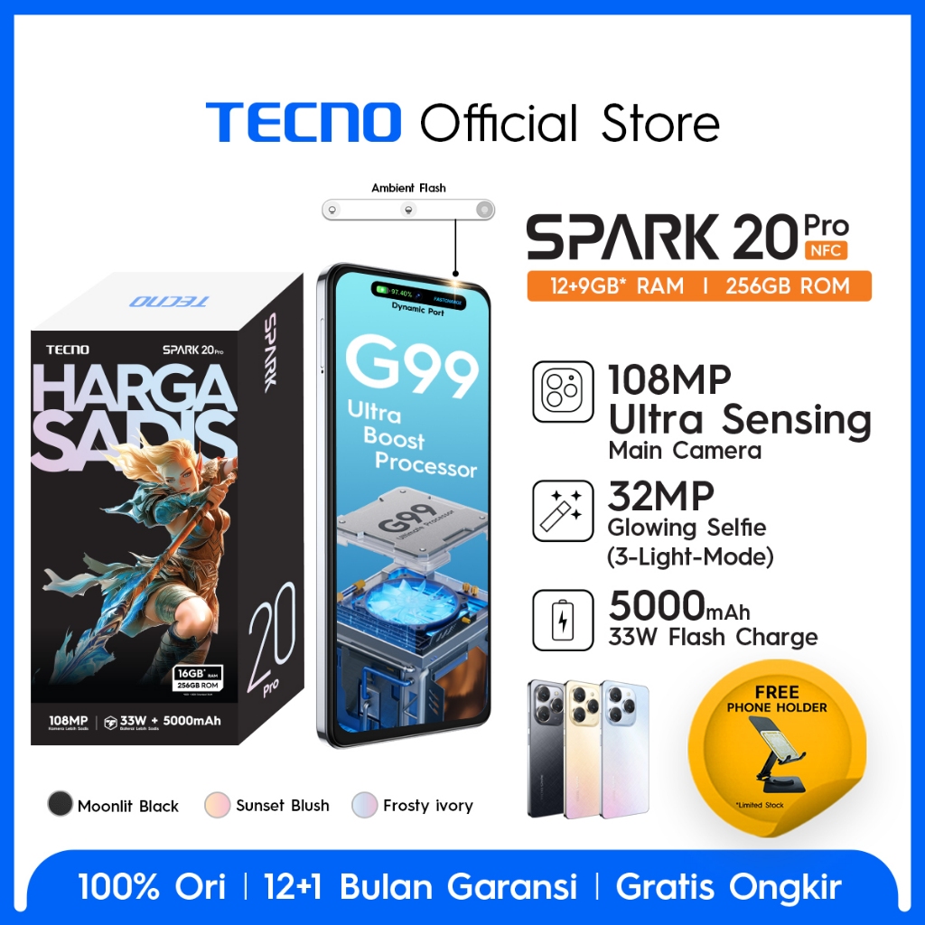 TECNO SPARK 20 Pro NFC – 12GB+256GB, 108MP+32MP, Helio G99, 6,78" IPS FHD+ 120Hz, Stereo Dual Speake