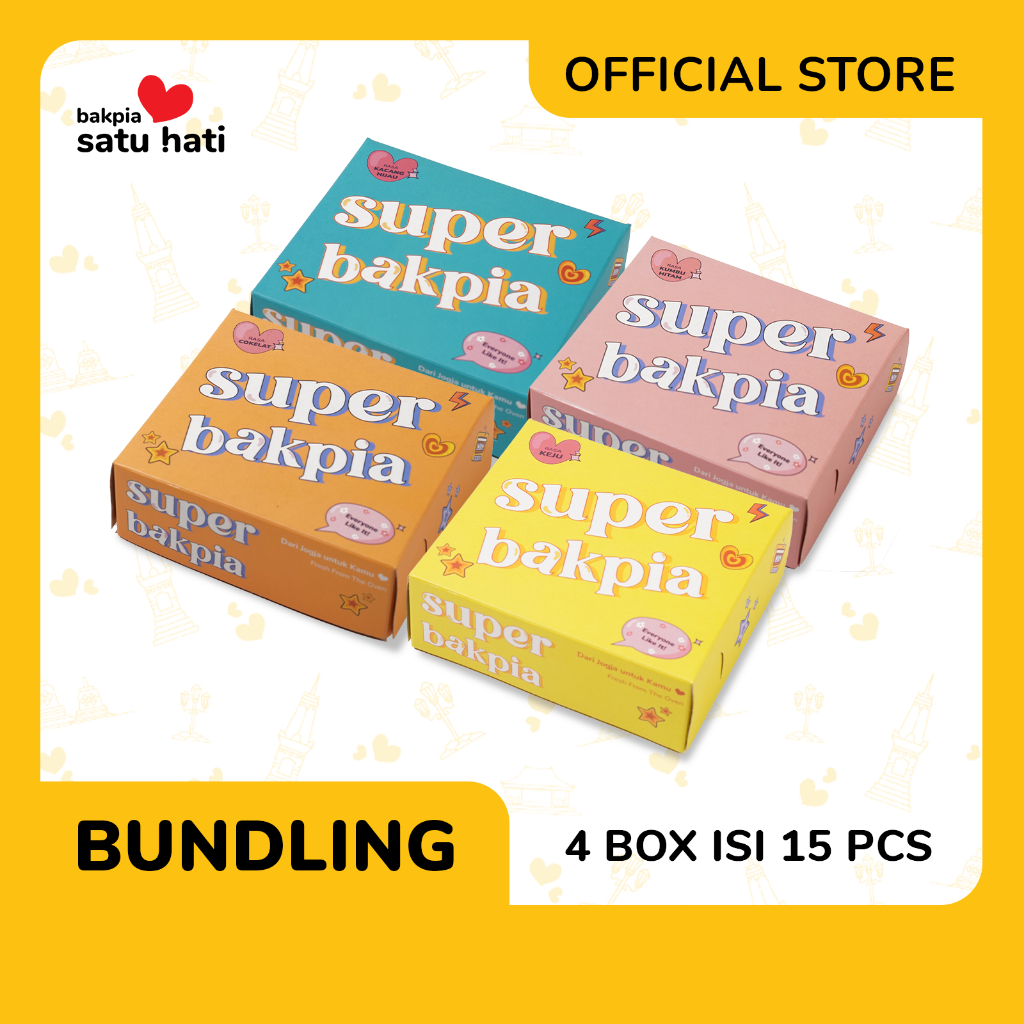 

[BUNDLING] 4 BOKS SUPER BAKPIA ISI 15 l KACANG HIJAU, MATCHA. COKELAT, KEJU/KUMBU l BAKPIA SATU HATI