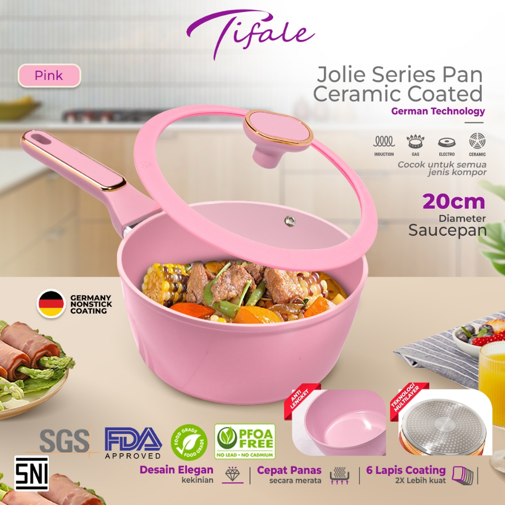Tifale by Hongzhuo Aesthetic Jolie Sauce Pan 20CM Pink Panci Granit Marble Anit Lengket Panci Mpasi