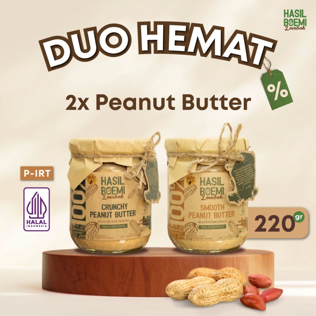 

Duo Hemat 2x Peanut Butter – Smooth / Crunchy | Selai Kacang Sehat Tanpa Gula & Pengawet
