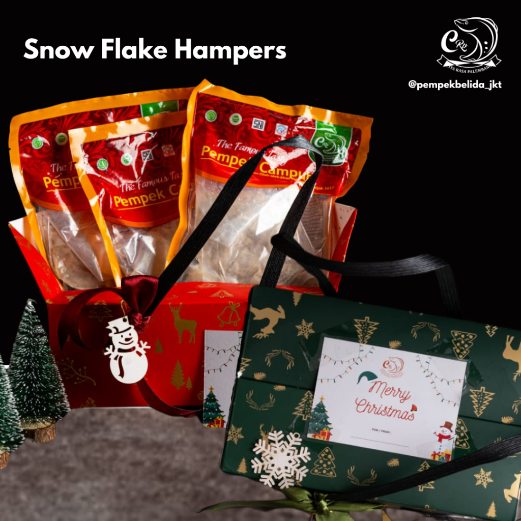 

SNOWFLAKE Hampers (24 PCS Pempek Campur + 12 PCS Tekwan Belidan+ 2 PCS Pempek Kapal Selam) | Christmas Hampers | Hampers Natal
