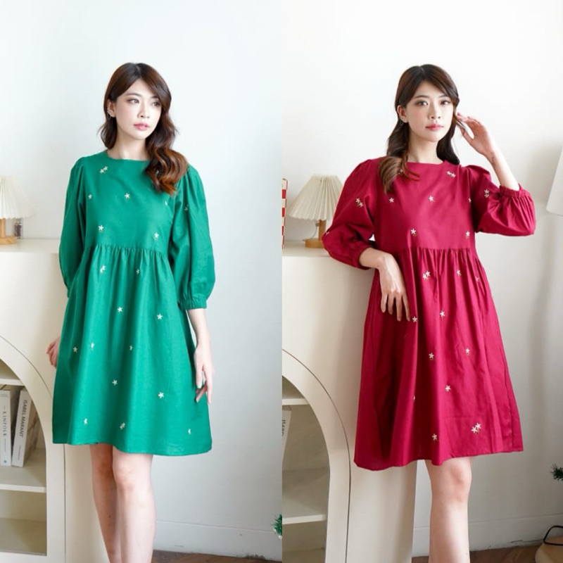 Foria 2653 dress - dress katun bordir bunga wanita casual korea merah hijau natal