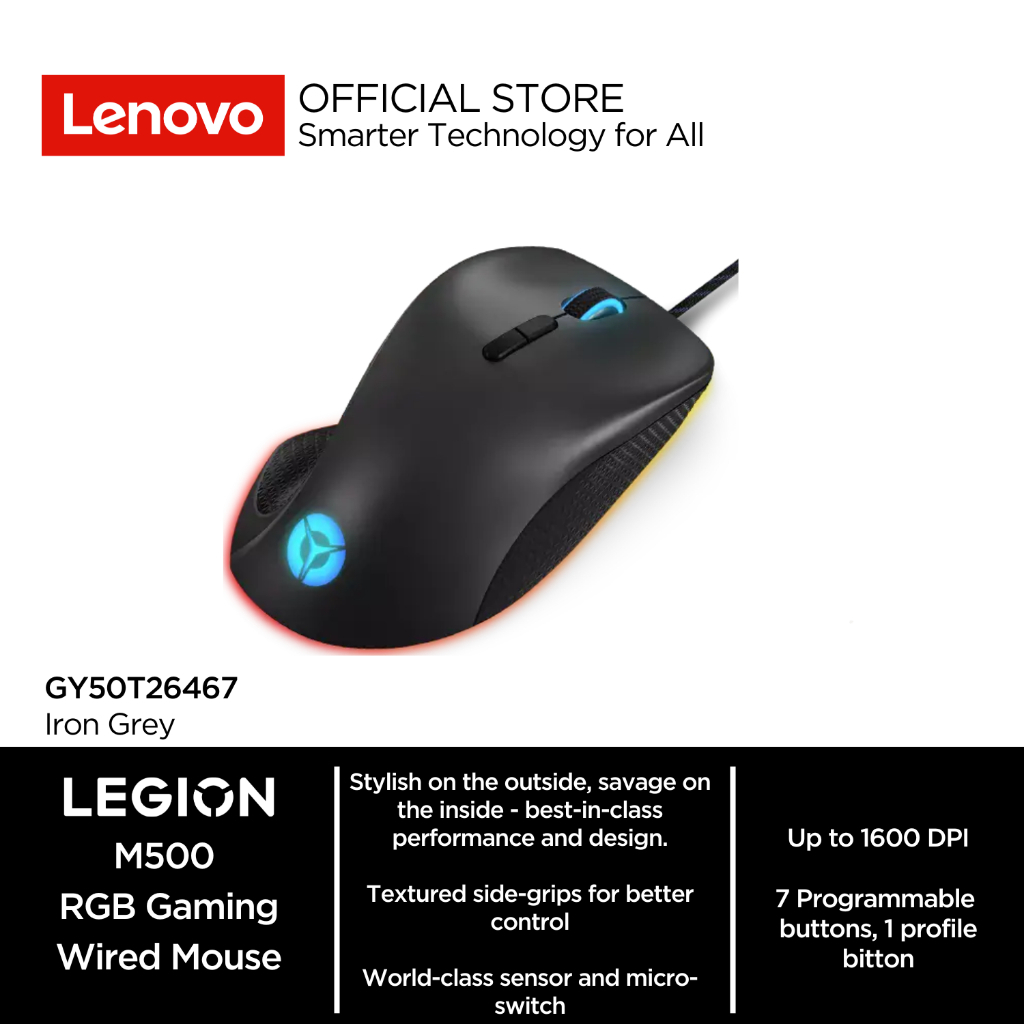 Lenovo Legion M500 RGB Gaming Wired Mouse GY50T26467 (USB 2.0, 1.8m, Ergonomic right-handed, 3 zone)